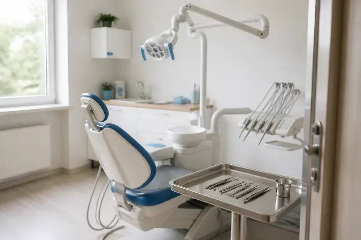 Treatment room prepared for an appointment: dental chair, lamp, and tray of instruments — illustration for the section "Limited mouth opening"