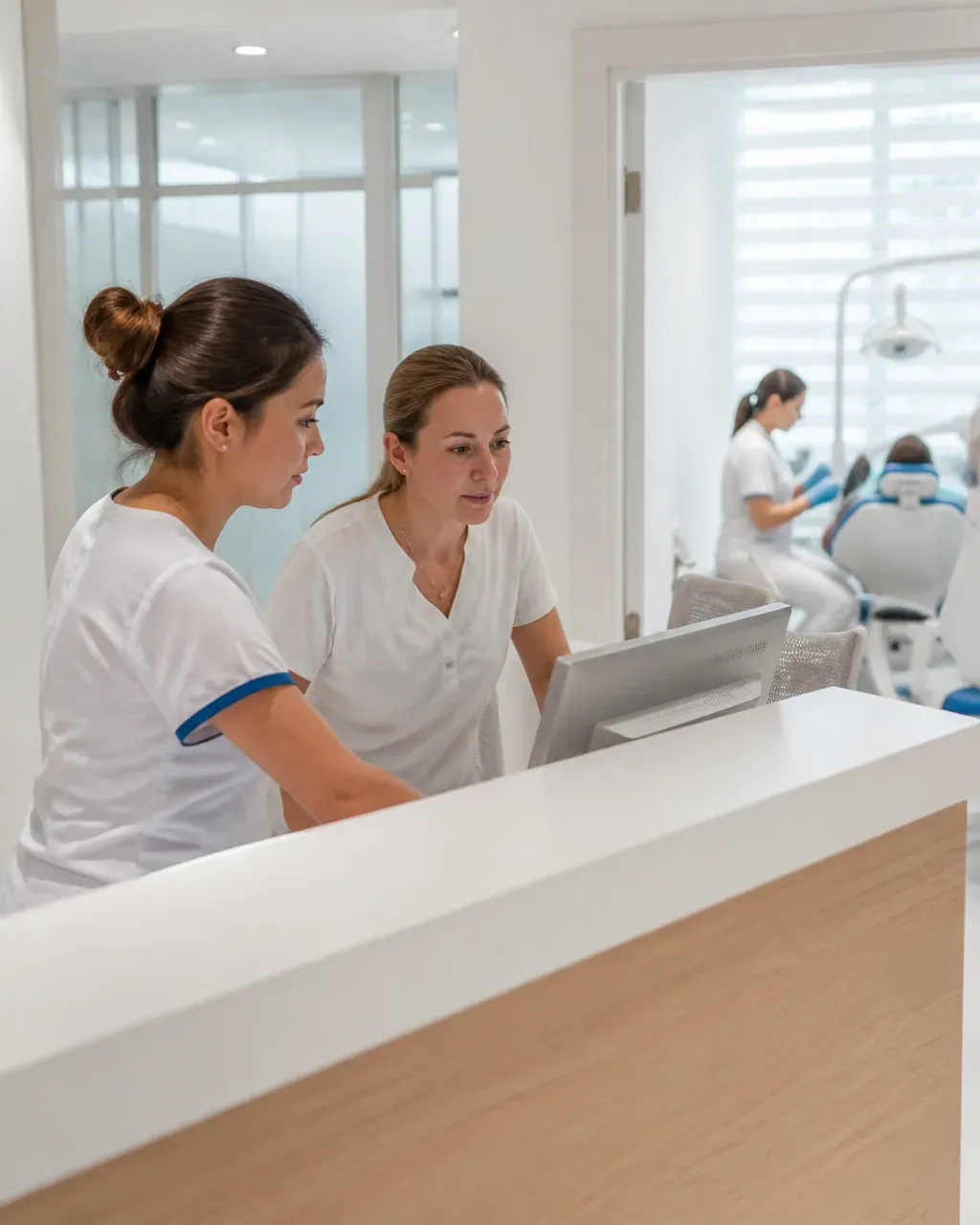 Clinic administrators check the appointment schedule on the screen at the front desk