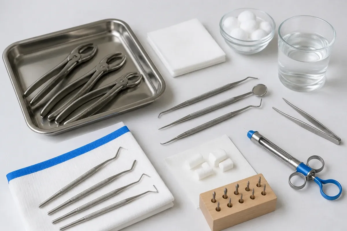 Instruments and materials for this type of treatment laid out on a light-colored surface — an illustration for the "Simple Extraction" section