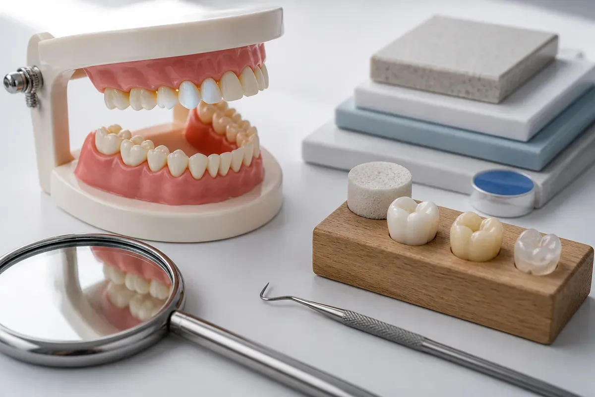 A jaw model and material samples on the dentist's table next to a mirror and probe — an illustration for the "Wisdom tooth removal" section