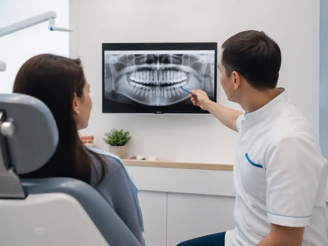 Consultation: doctor and patient at a screen with an X-ray — illustration for the section "Examination and Diagnostics"