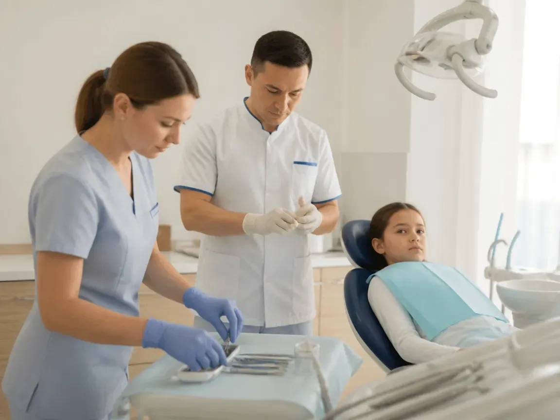Preparation: the assistant lays out sterile instruments, the dentist puts on gloves — illustration for the Anesthesia section