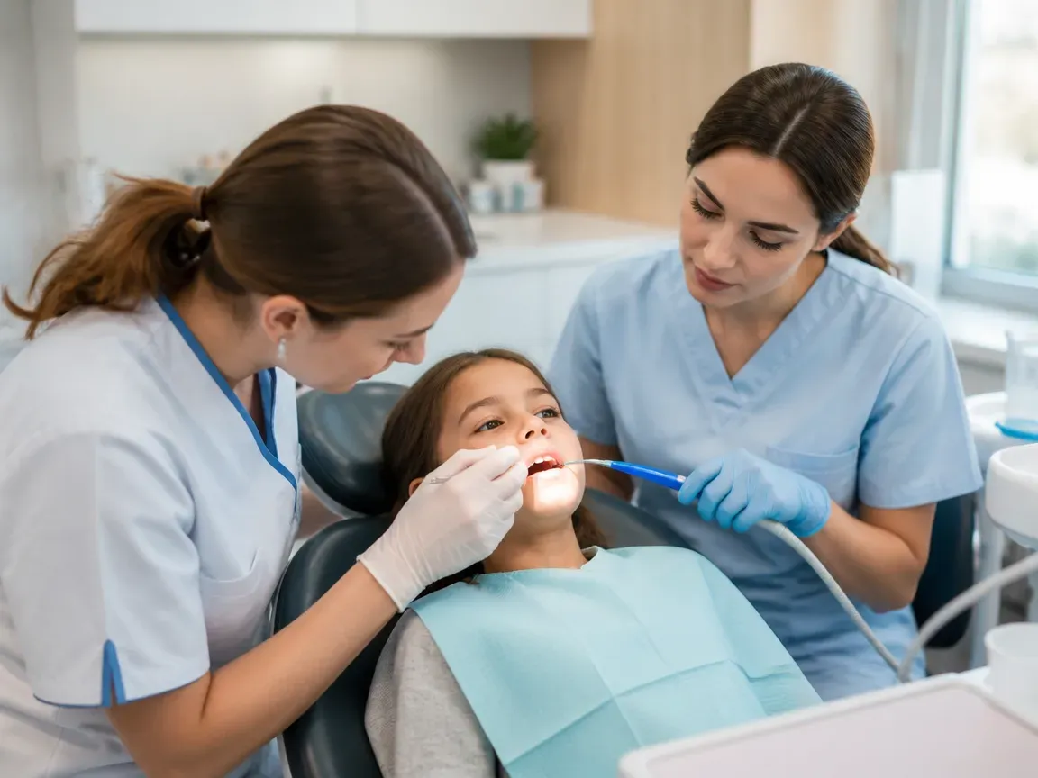 Follow-up visit: the doctor checks the result with a mirror while the assistant holds the saliva ejector — illustration for the "Recommendations after the procedure" section
