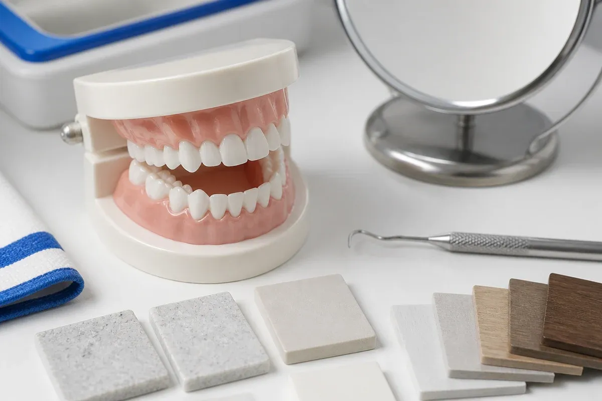 A jaw model and material samples on the dentist's table next to a mirror and probe — an illustration for the section "Permanent tooth extraction in a child"