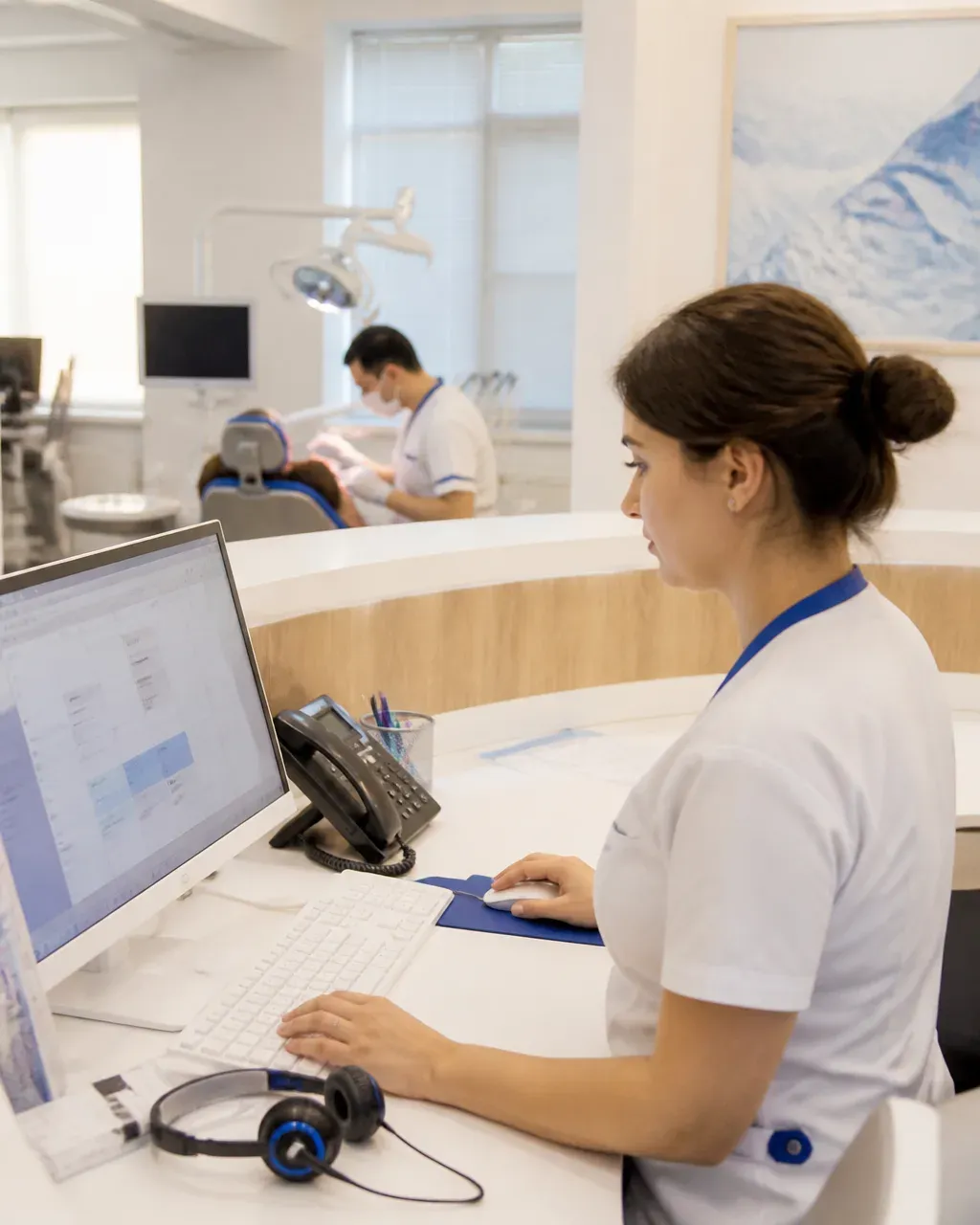 The clinic administrator answers patient messages at the front desk