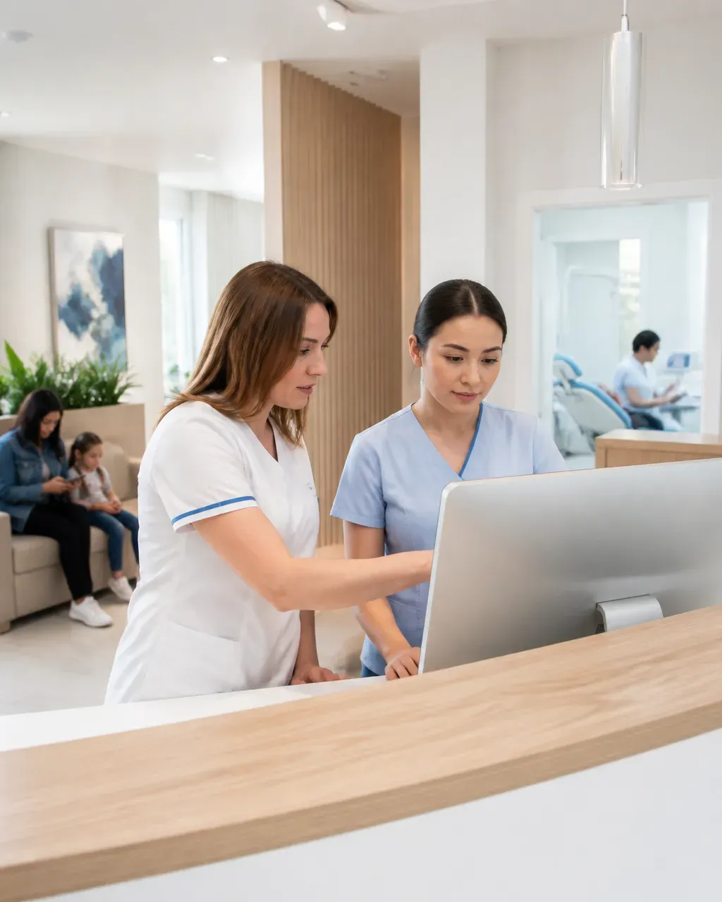 Clinic administrators check the appointment schedule on the screen at the front desk