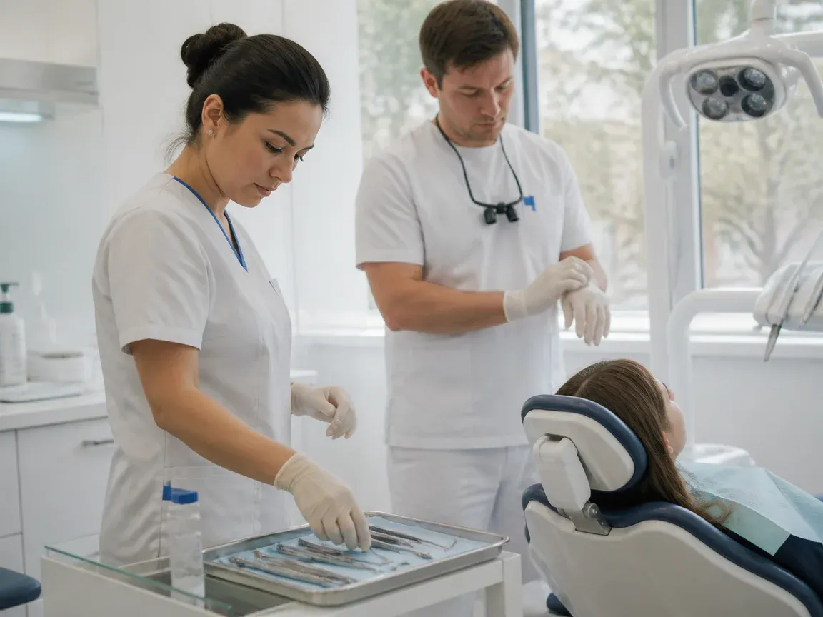 Preparation: the assistant lays out sterile instruments, the doctor puts on gloves — illustration for the "Treatment plan and preparation" section