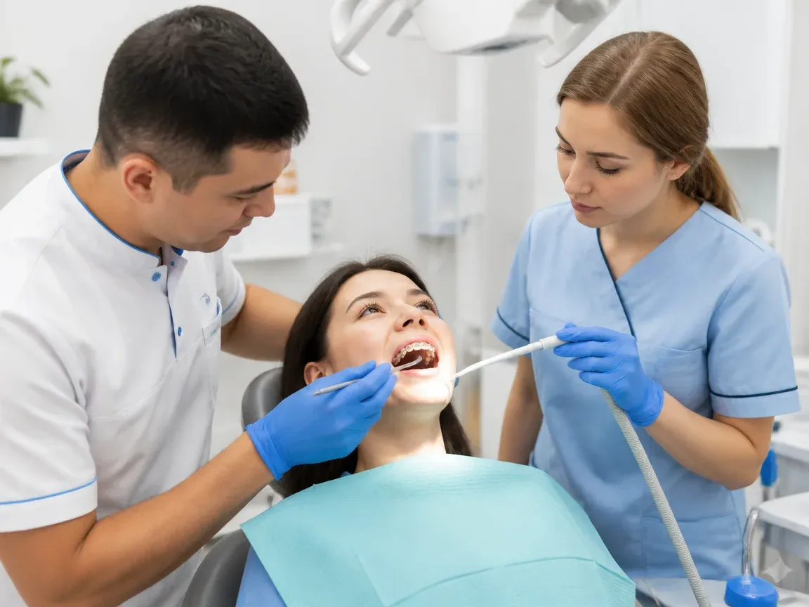 Follow-up visit: the dentist checks the result with a mirror while the assistant holds the saliva ejector — illustration for the "Archwire placement" section