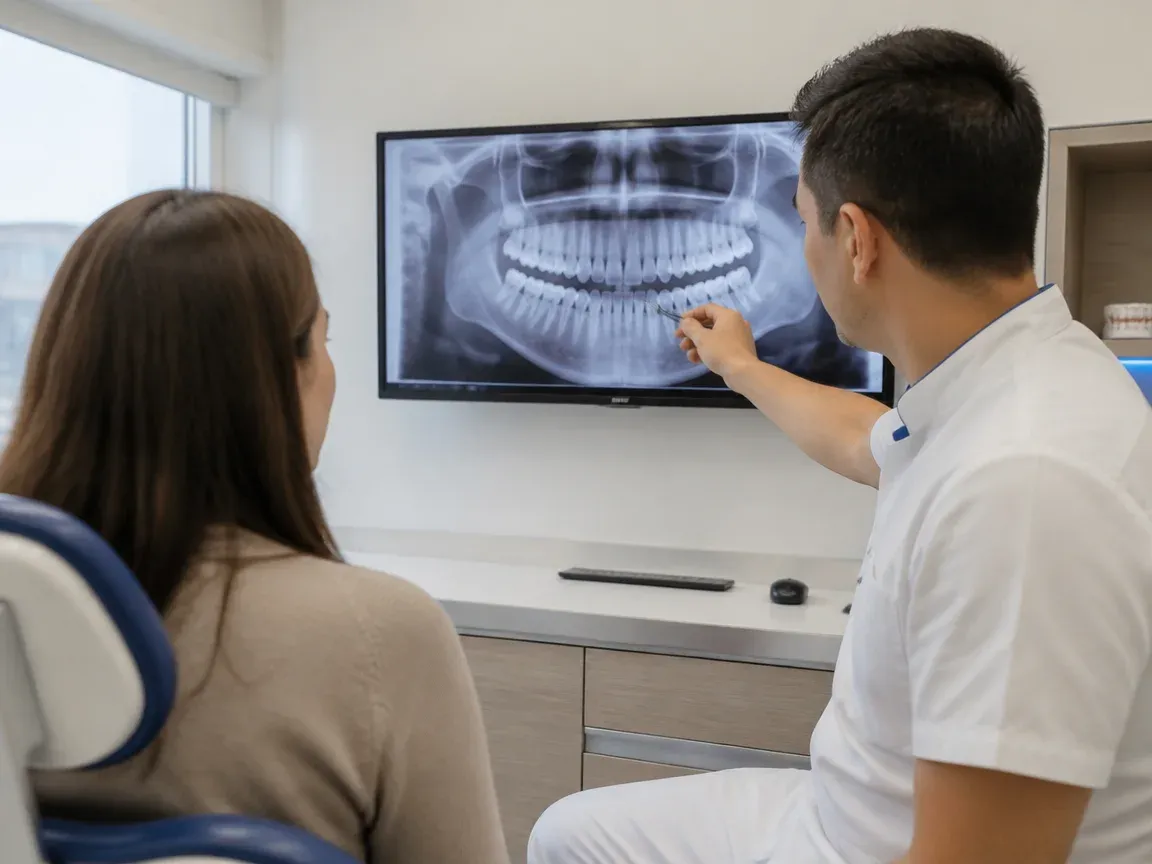 Consultation: doctor and patient at a screen with an X-ray — illustration for the section "Removal of the system and retention"