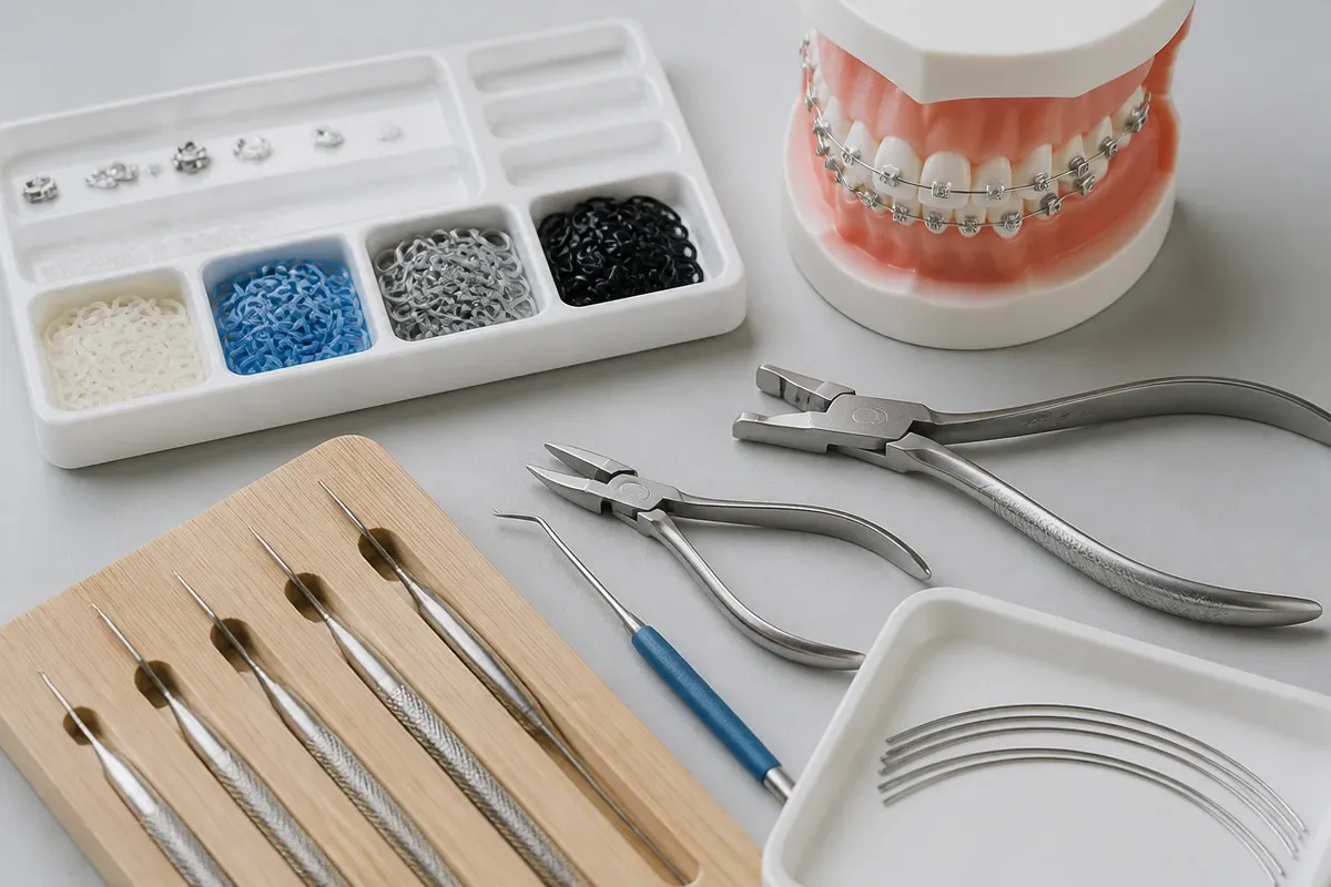 Instruments and materials for this type of treatment, laid out on a light-colored surface — an illustration for the section "Ligature ceramic systems"