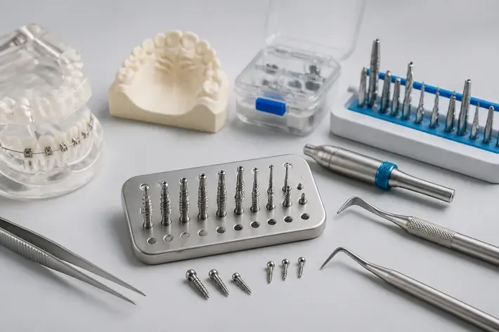 Instruments and materials for this type of treatment, laid out on a light surface — an illustration for the section "Does placing a microimplant hurt and what sensations occur afterward"