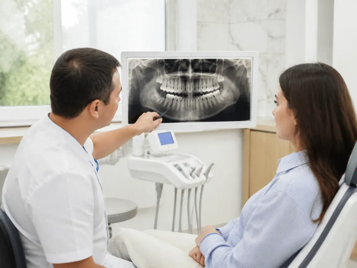 Consultation: doctor and patient at a screen with an X-ray — illustration for the section "Examination and Diagnostics"