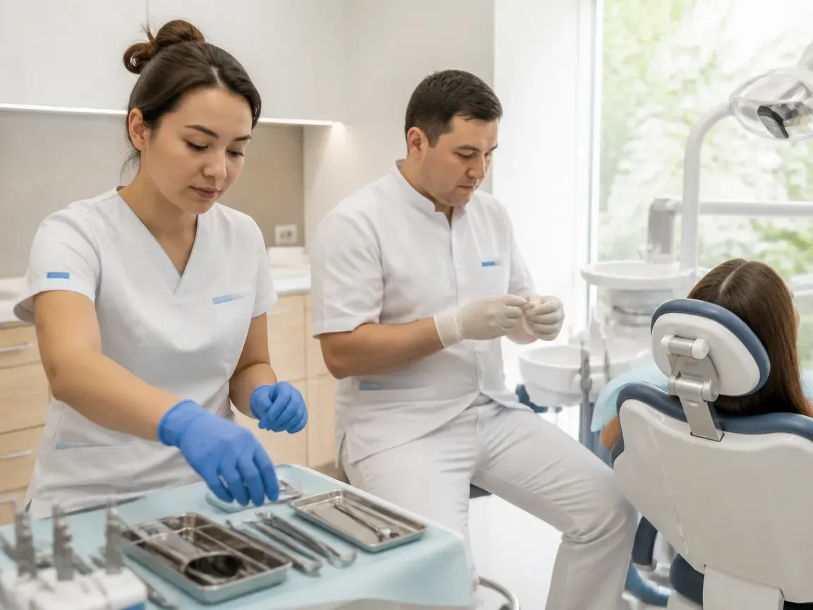 Preparation: the assistant lays out sterile instruments, the dentist puts on gloves — illustration for the section "Canal Preparation"