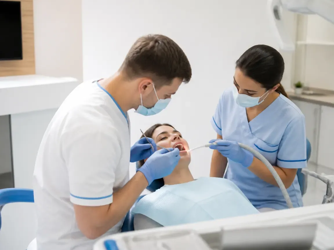 Follow-up visit: the dentist checks the result with a mirror while the assistant holds the saliva ejector — illustration for the section "Restoration and Follow-up"