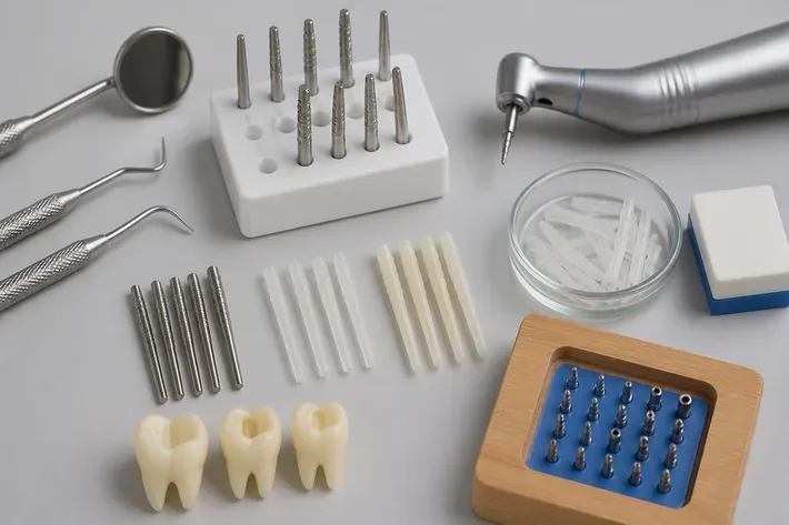 Instruments and materials for this type of treatment, laid out on a light-colored surface — an illustration for the section “Fiberglass post”