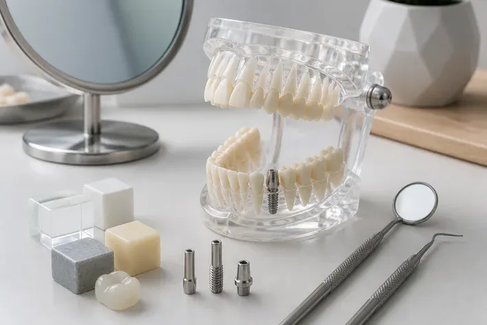 A jaw model and material samples on the dentist's table next to a mirror and probe — an illustration for the section "Anchor pin placement"