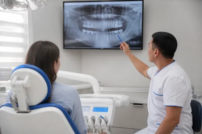 The doctor shows the patient the scan on the screen and explains the treatment plan — illustration for the section "What complications are possible"