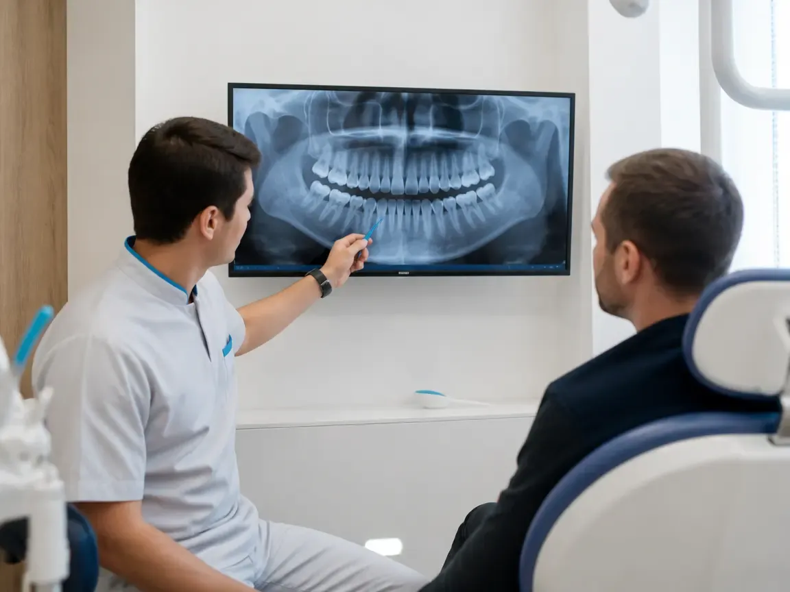 Consultation: doctor and patient at a screen with an X-ray — illustration for the "Duration of the procedure" section