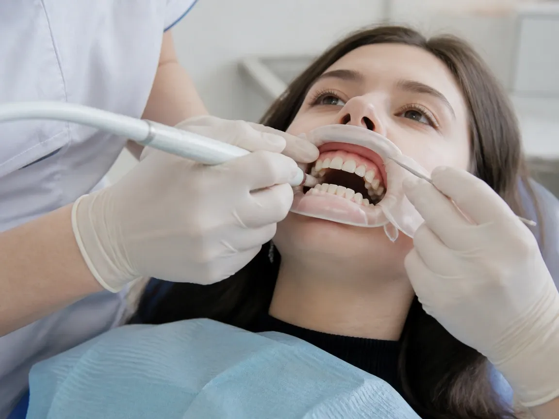 The treatment stage itself: the doctor's gloved hands working inside the oral cavity — an illustration for the "First Week" section