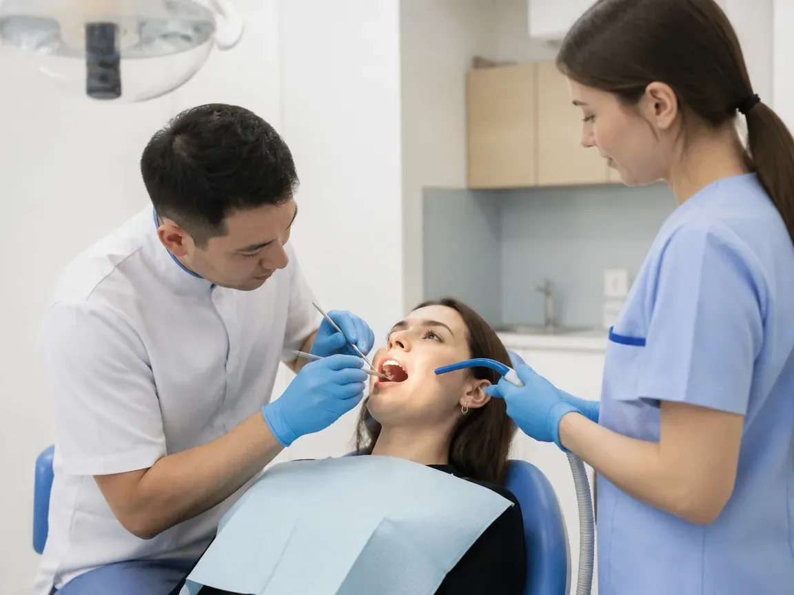 Follow-up visit: the dentist checks the result with a mirror while the assistant holds the saliva ejector — illustration for the "Complete healing" section