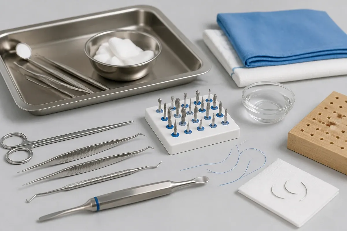 Instruments and materials for this type of treatment, laid out on a light surface — an illustration for the section "Open vestibuloplasty"