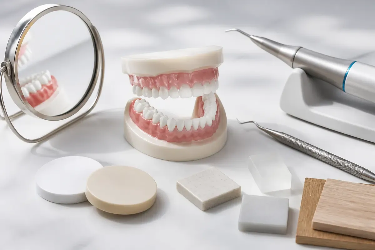 A jaw model and material samples on the dentist's table next to a mirror and probe — an illustration for the section "Laser vestibuloplasty"