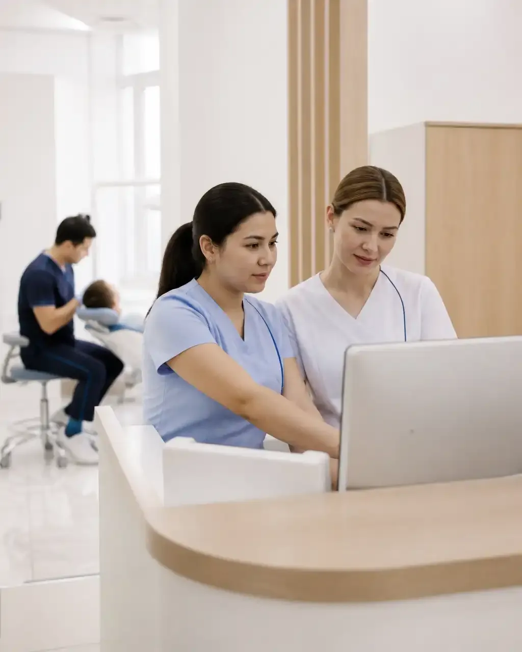 Clinic administrators check the appointment schedule on the screen at the front desk