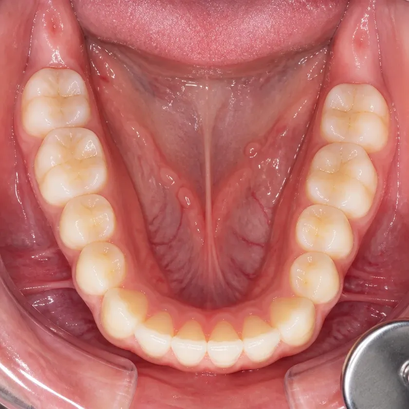 Vestibular MEAW multiloop archwire technique — close-up clinical photograph of the post-treatment result