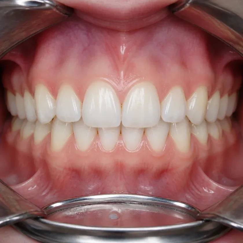 Vestibular multiloop edgewise archwire (MEAW) technique — close-up clinical photograph of the post-treatment result