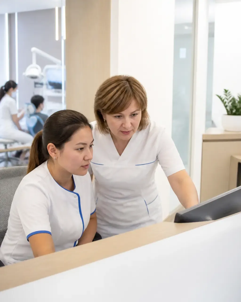 Clinic administrators check the appointment schedule on the screen at the front desk