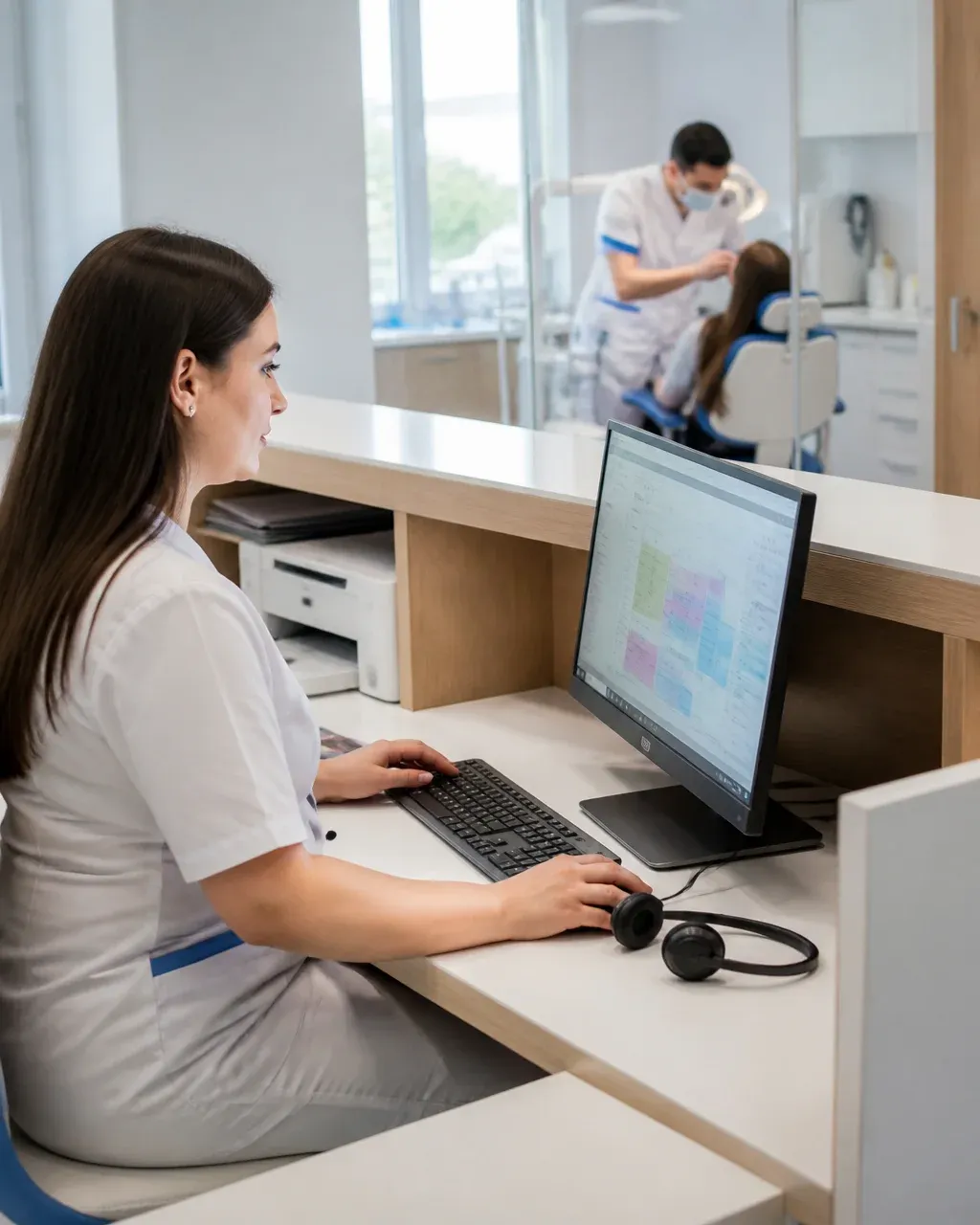 The clinic administrator answers patient messages at the front desk