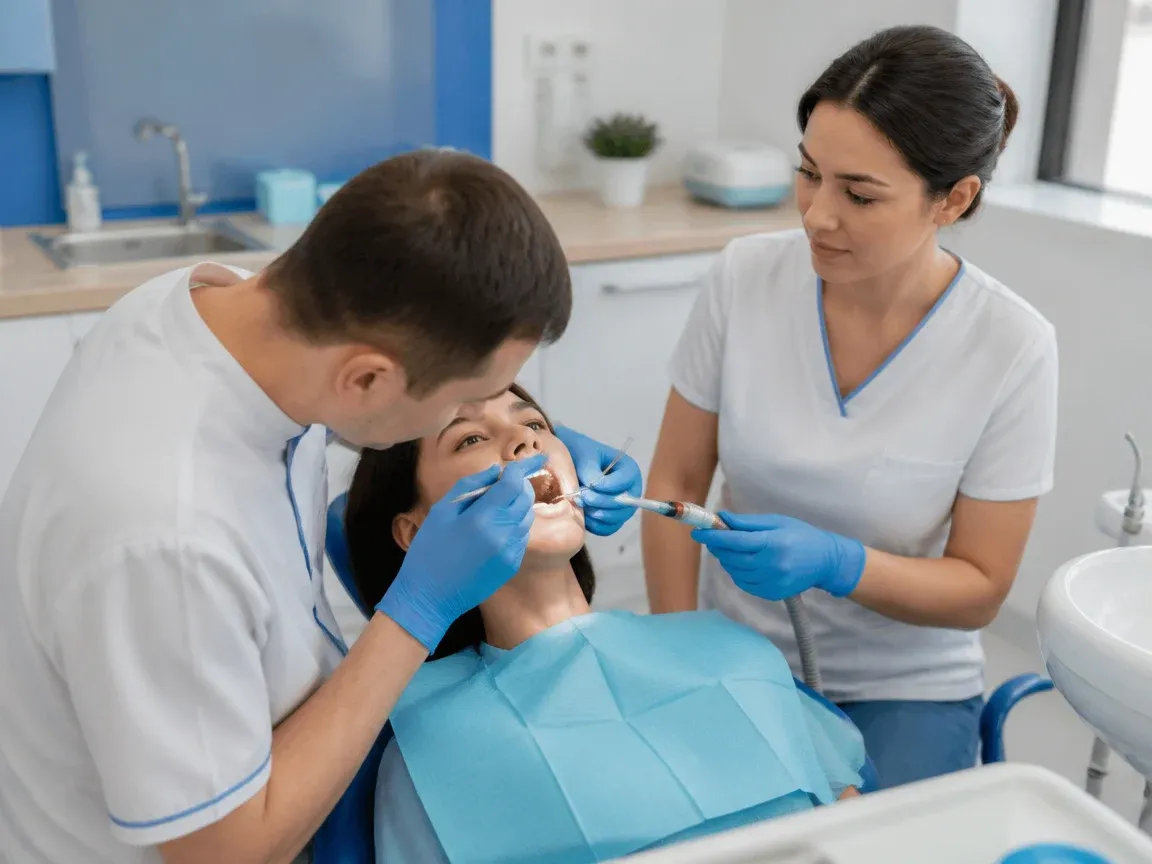 Бақылау қабылдауы: дәрігер нәтижені айнамен тексереді, ассистент сілекейсорғышты ұстайды — «Фиништік өңдеу» бөліміне иллюстрация