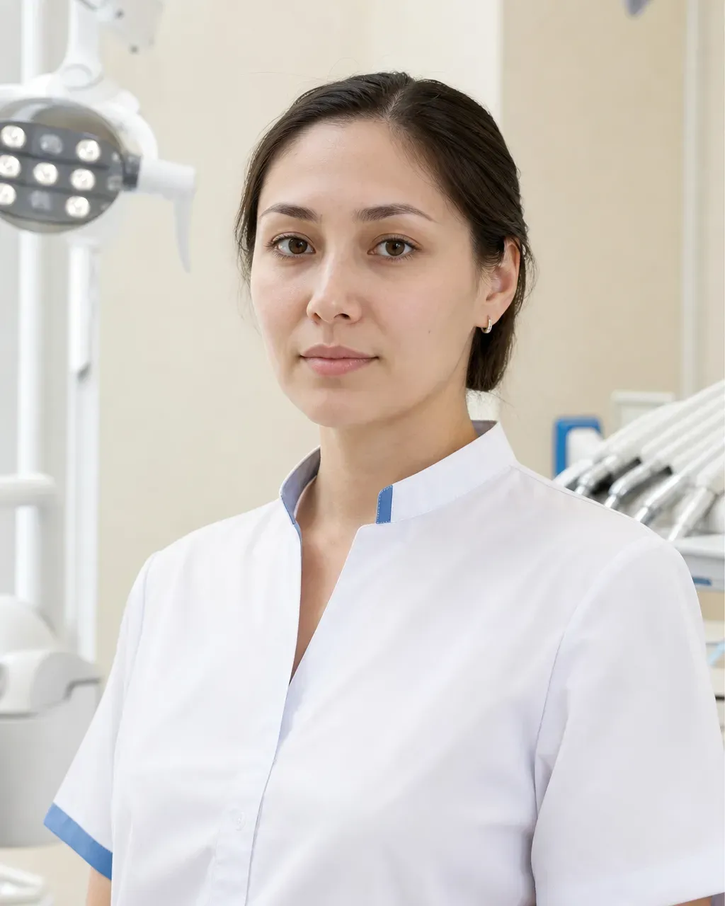 Сәрсенбай Аружан Қанатқызы — Алматыдағы Dental-Center стоматологиялық клиникасының дәрігері, жұмыс киіміндегі портреті