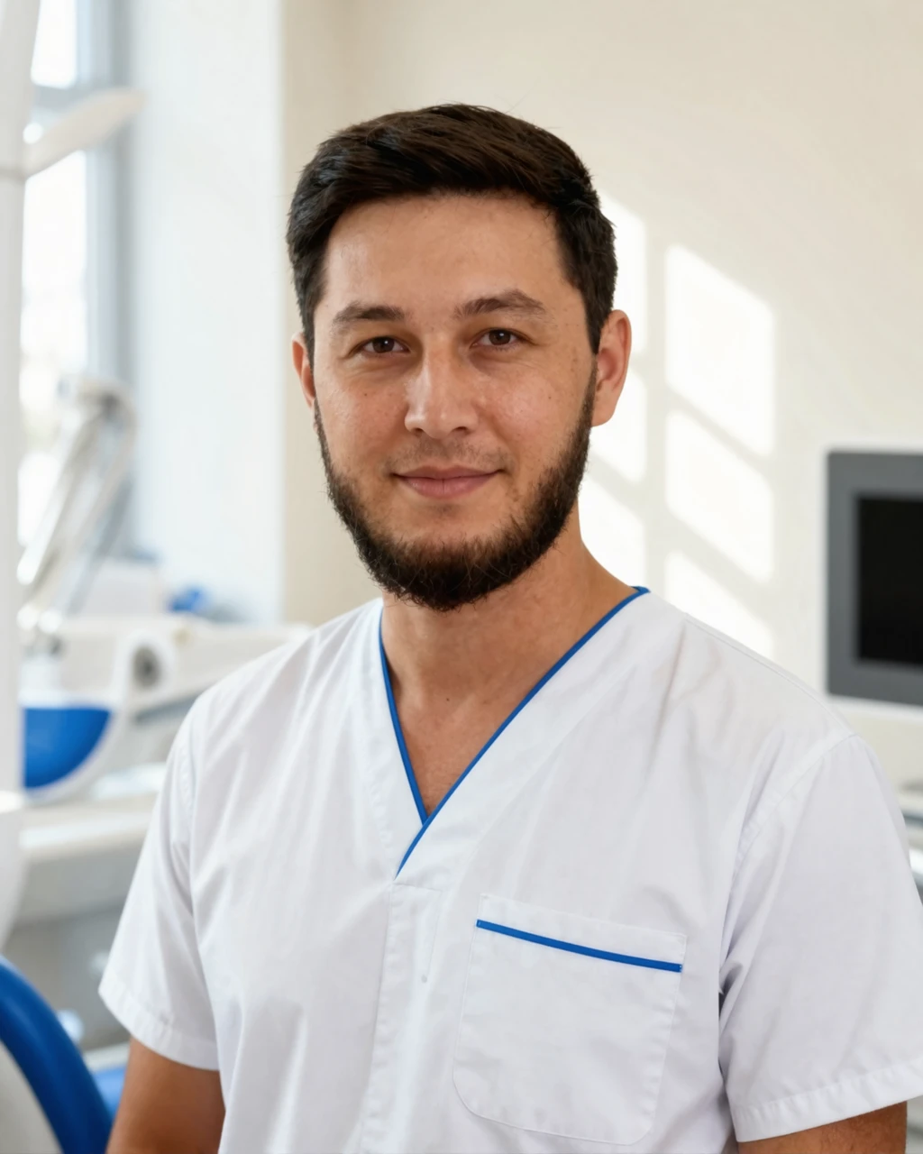 Халметов Бабур Батырбекович — врач стоматологической клиники Dental-Center в Алматы, портрет в рабочей форме
