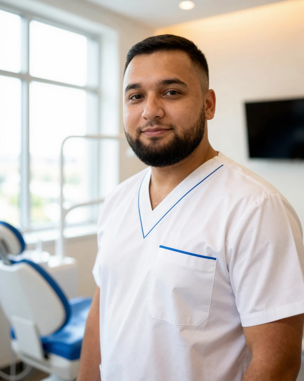 Ирсалиев Фарух Фархадович — врач стоматологической клиники Dental-Center в Алматы, портрет в рабочей форме
