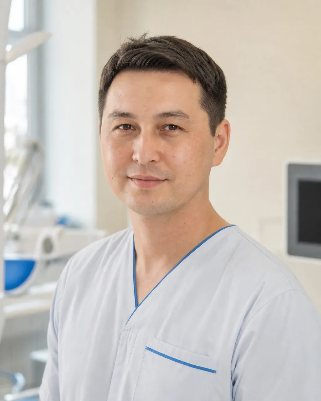 Рахимов Тимур Бахтиярович — Алматы қаласындағы Dental-Center стоматологиялық клиникасының дәрігері, жұмыс киіміндегі портреті