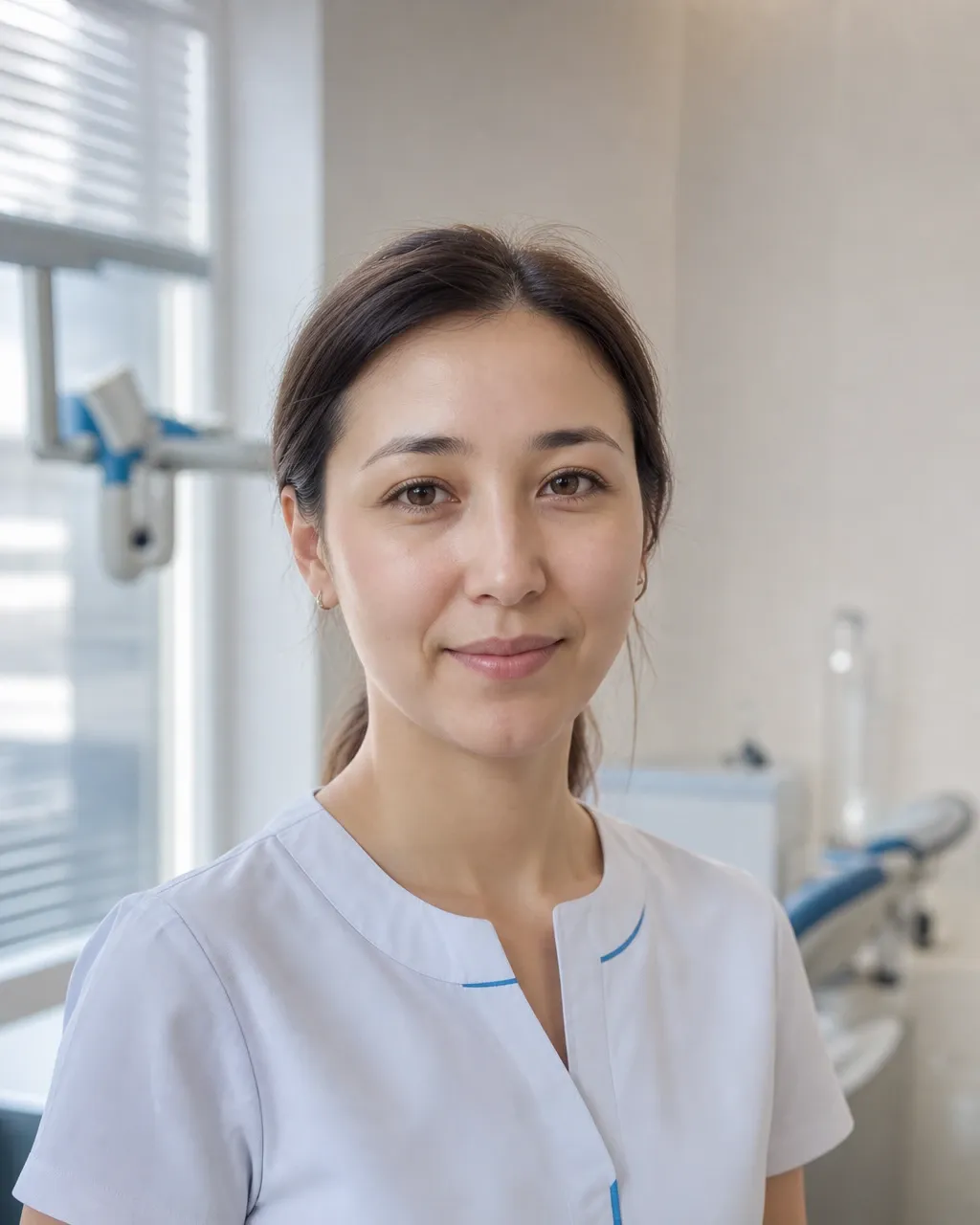 Сарсенова Жанар Бахытқызы — Алматы қаласындағы Dental-Center стоматологиялық клиникасының дәрігері, жұмыс киіміндегі портреті