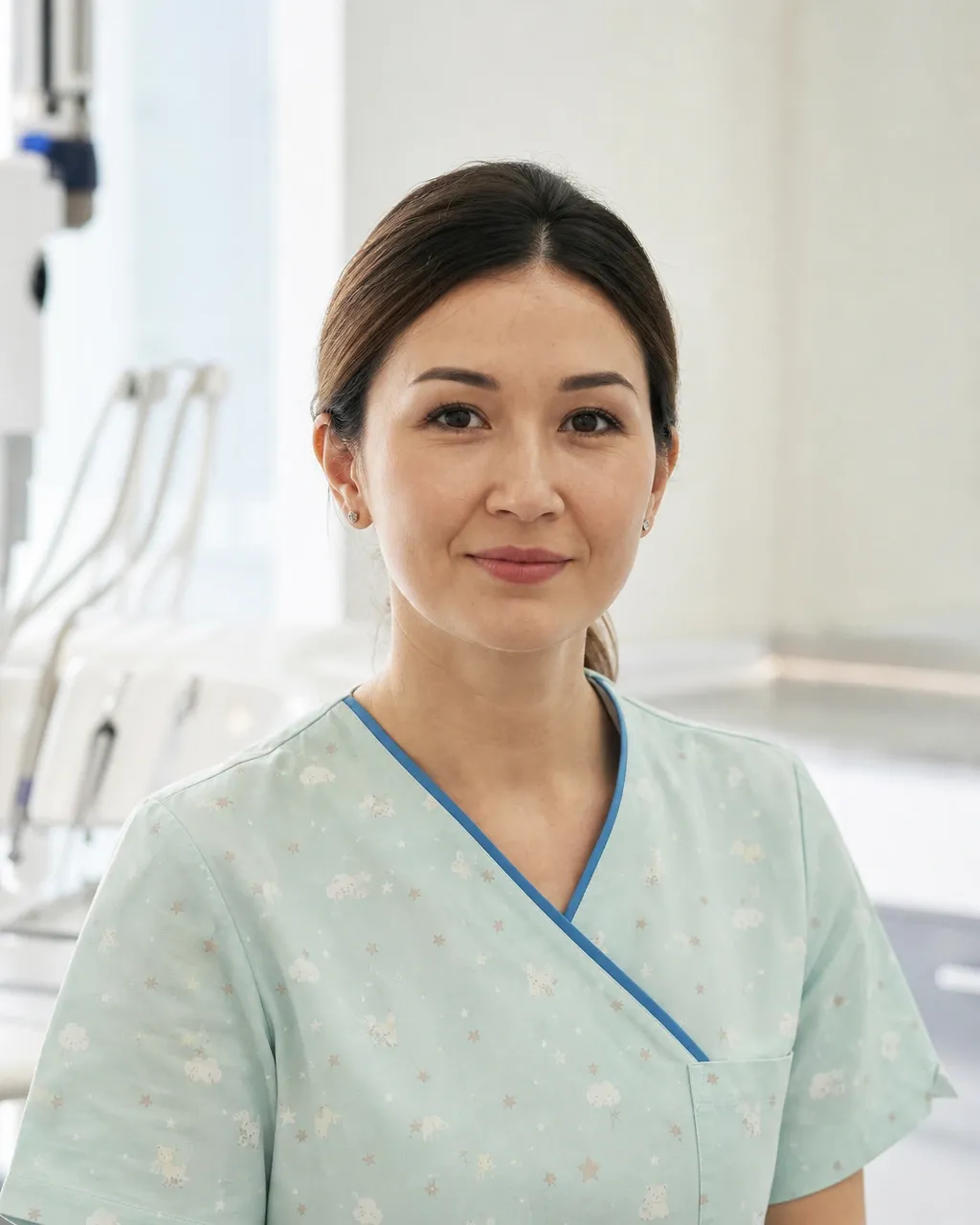 Сейітова Жанна Қайратқызы — Алматыдағы Dental-Center стоматологиялық клиникасының дәрігері, жұмыс киіміндегі портреті
