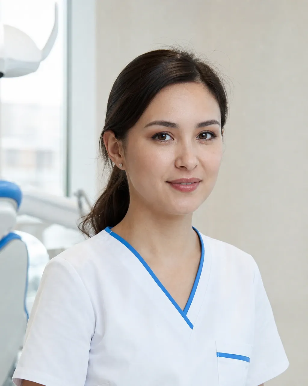 Төлегенова Дана Асқарқызы — Алматыдағы Dental-Center стоматологиялық клиникасының дәрігері, жұмыс киіміндегі портреті