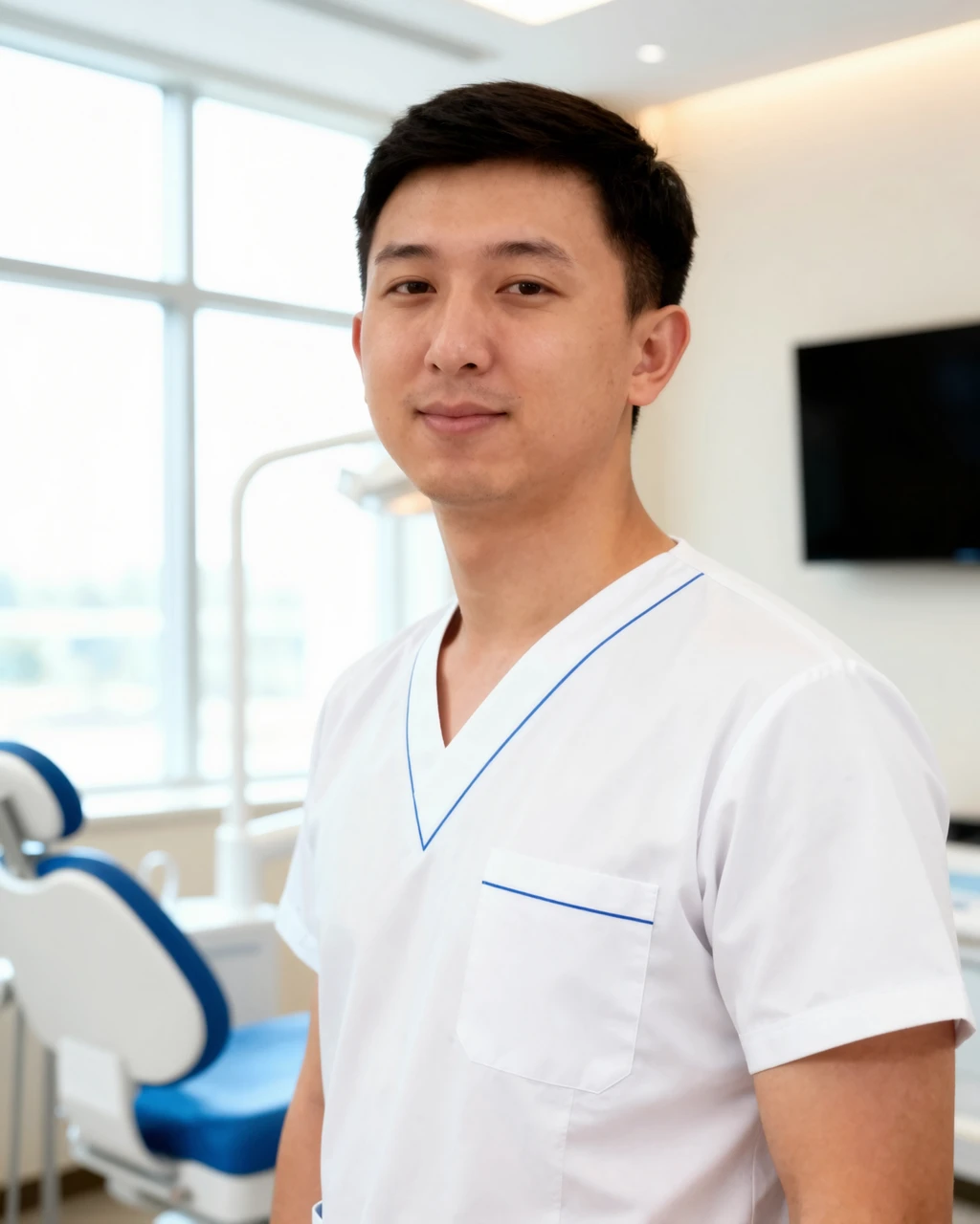 Туртаев Жасулан Орынбасарович — врач стоматологической клиники Dental-Center в Алматы, портрет в рабочей форме