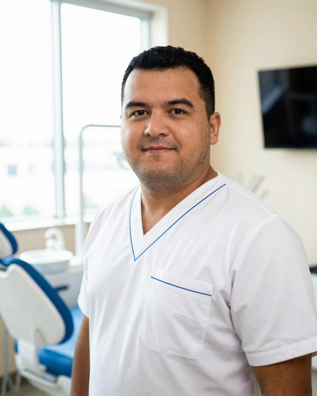 Якубжанов Шахрух Умиджанович — врач стоматологической клиники Dental-Center в Алматы, портрет в рабочей форме