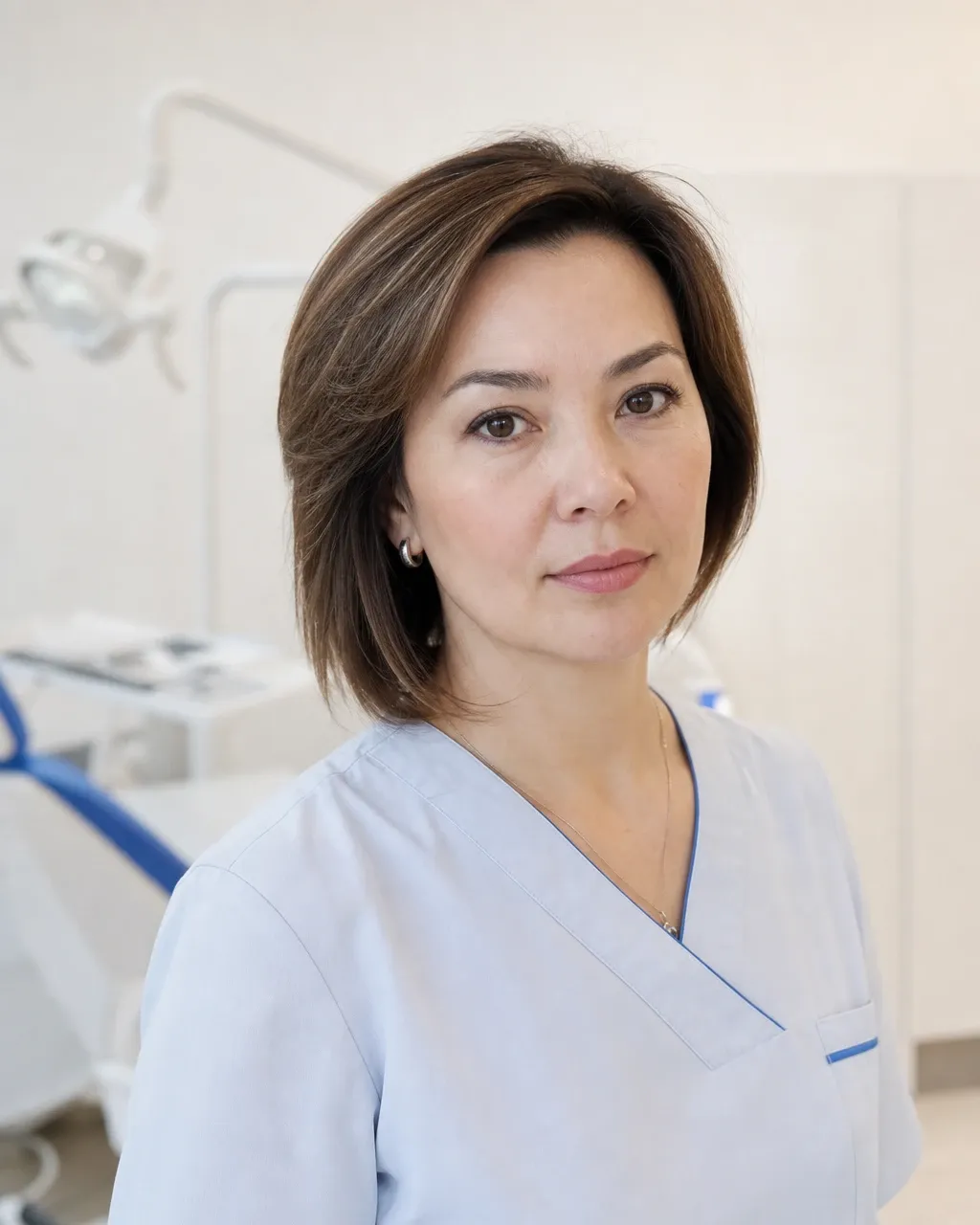 Каримова Жанель Муратовна — Алматы қаласындағы Dental-Center стоматологиялық клиникасының дәрігері, жұмыс киіміндегі портреті