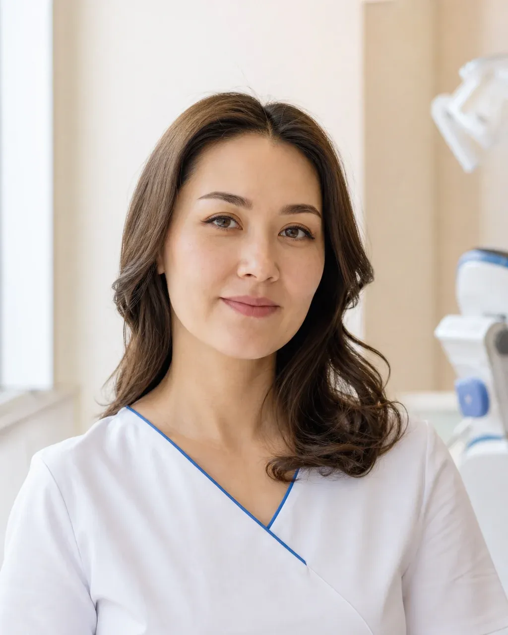 Кенжебаева Асель Маратовна — Астана қаласындағы Dental-Center стоматологиялық клиникасының дәрігері, жұмыс киіміндегі портреті