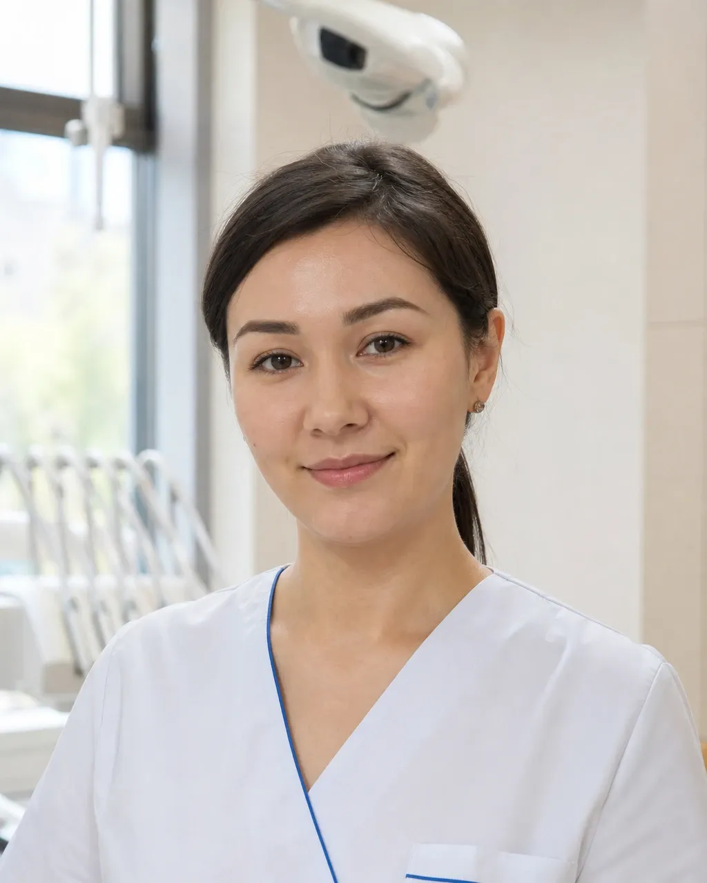 Ковалева Анастасия Игоревна — Астана қаласындағы Dental-Center стоматологиялық клиникасының дәрігері, жұмыс киіміндегі портреті