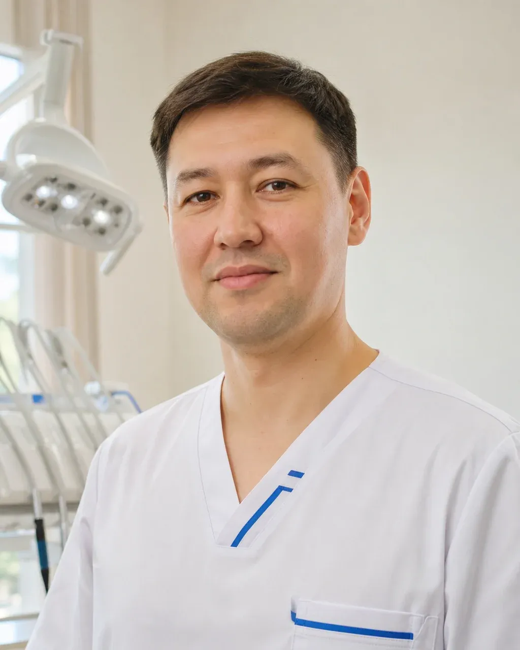 Мұқашев Әлихан Даниярұлы — Астанадағы Dental-Center стоматологиялық клиникасының дәрігері, жұмыс киіміндегі портреті