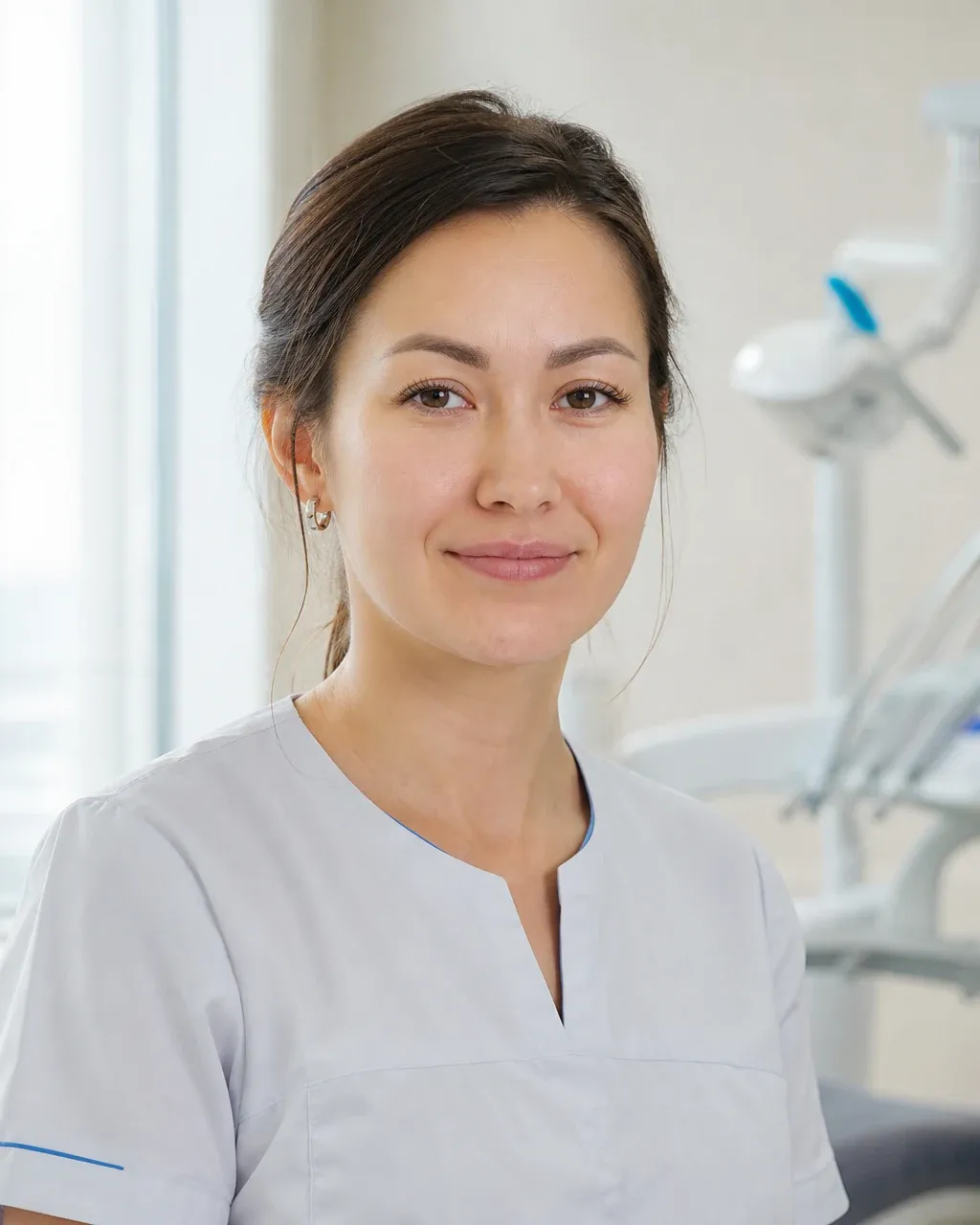 Смағұлова Динара Ержанқызы — Астана қаласындағы Dental-Center стоматологиялық клиникасының дәрігері, жұмыс киіміндегі портреті