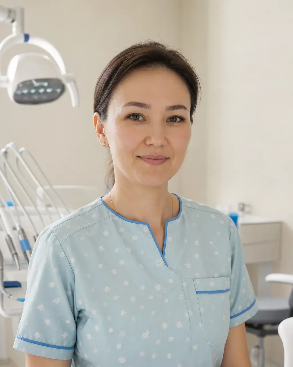 Сыздыкова Гүлнара Берікқызы — Астанадағы Dental-Center стоматологиялық клиникасының дәрігері, жұмыс киіміндегі портреті