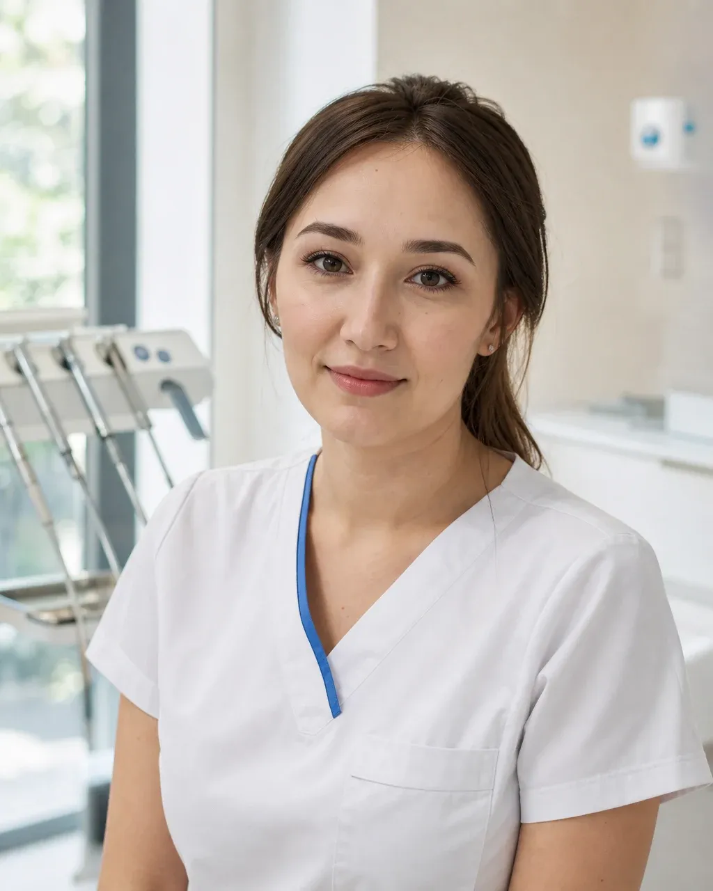 Жақсылықова Айнұр Бауыржанқызы — Астанадағы Dental-Center стоматологиялық клиникасының дәрігері, жұмыс киіміндегі портреті