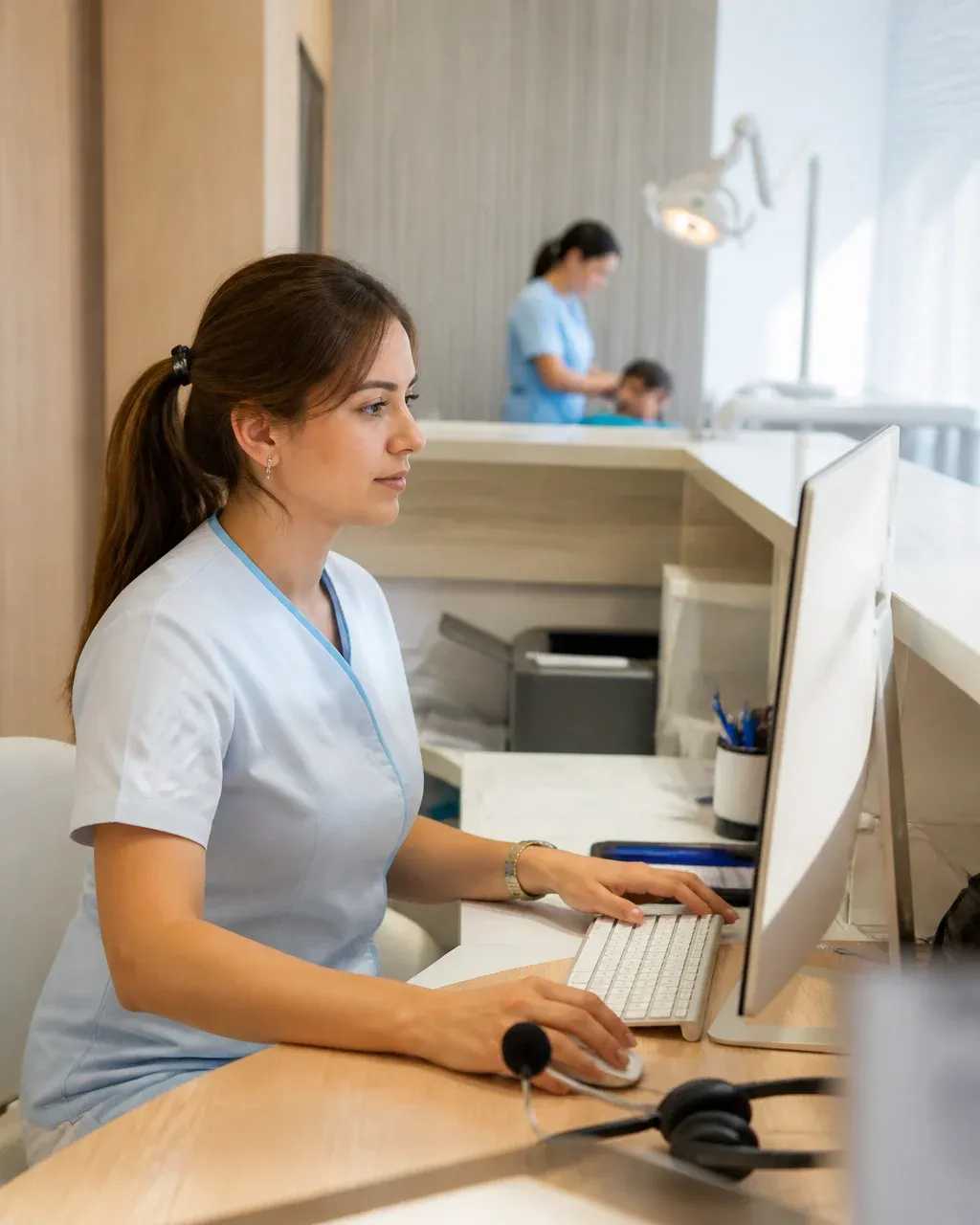 The clinic administrator answers patient messages at the front desk