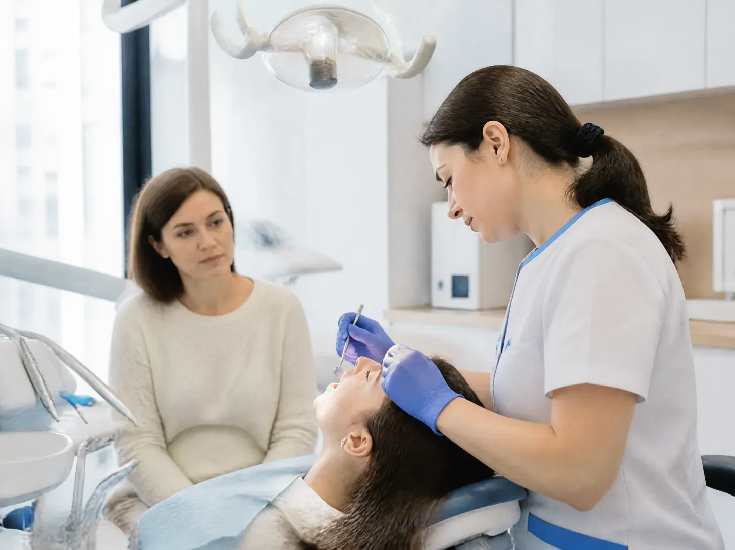 temporary crowns — dentist showing the patient a treatment plan on screen in a bright office